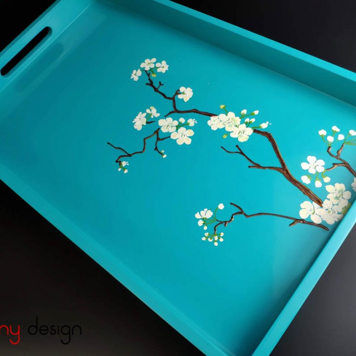 rectangular lacquer tray with hand  painted white apricot blossom  28*45cm